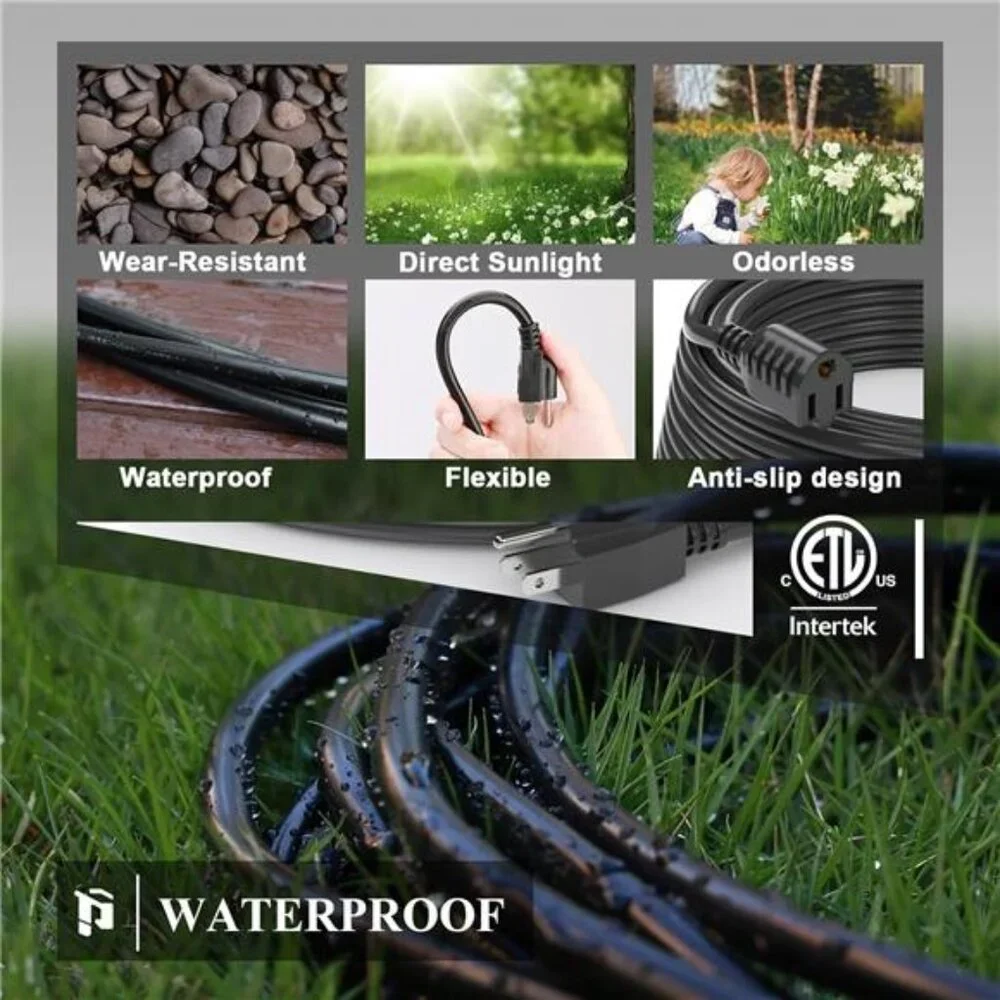 Outdoor Extension Cord 25 FT Waterproof, 16/3 Gauge Black Heavy Duty 3 Prong